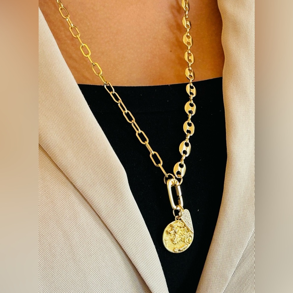 Lion head, paper clip anchor marine chain, lion head diamond charm necklace, 29”